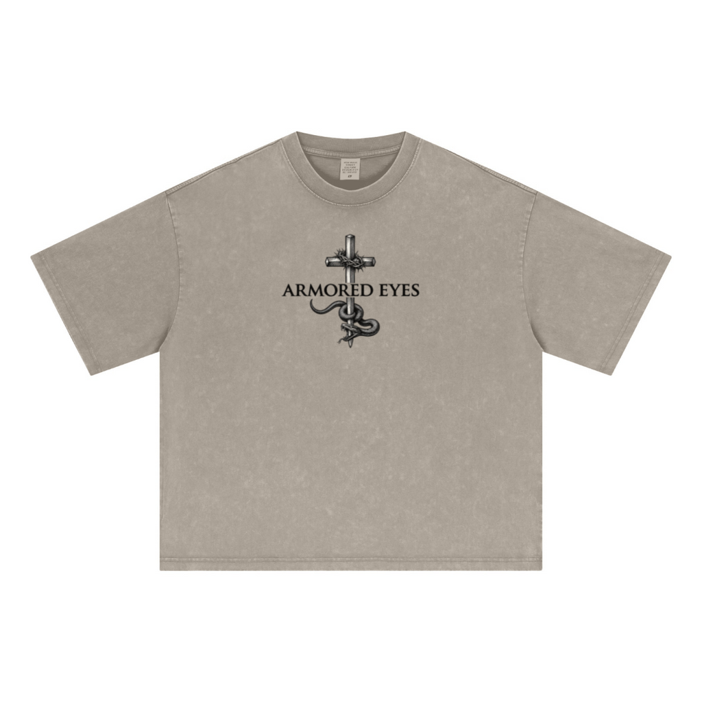 285GSM Unisex Boxy-Fit Distressed Fried-Color Snow-Wash Loose T-shirt Vintage Khaki