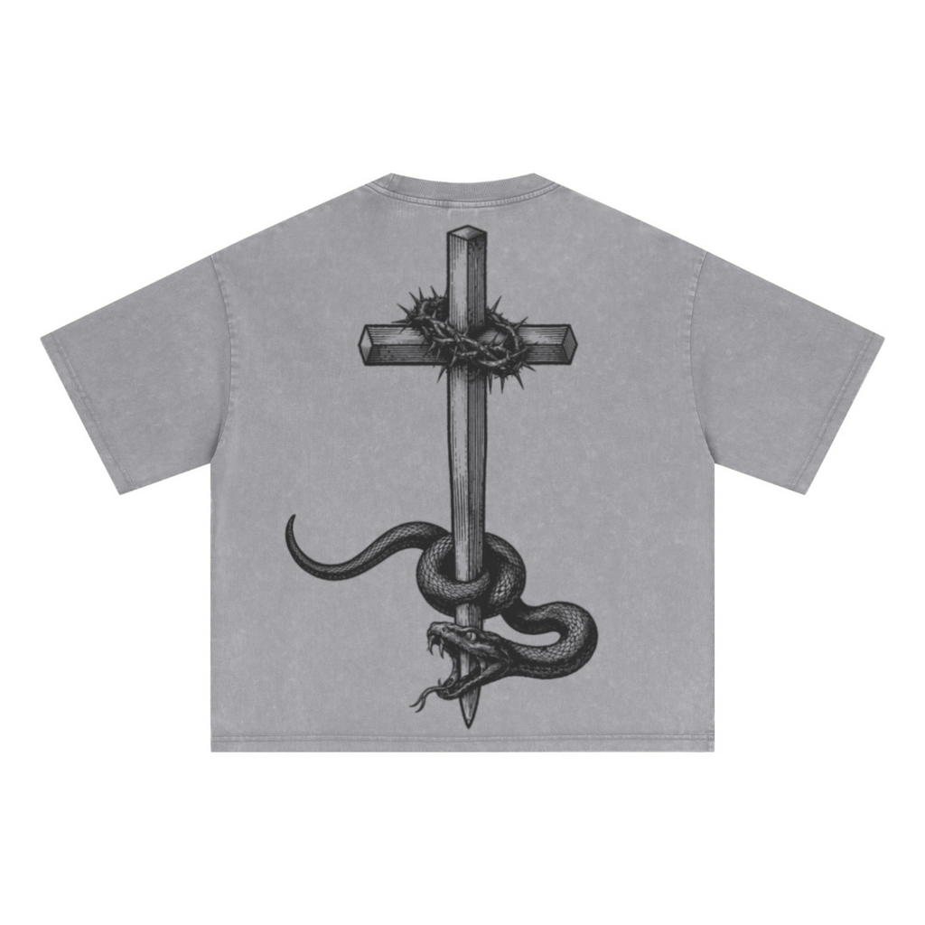 285GSM Unisex Boxy-Fit Distressed Fried-Color Snow-Wash Loose T-shirt Vintage Medium Gray