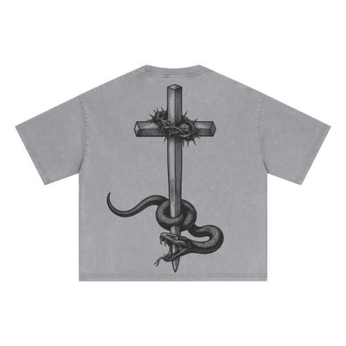 285GSM Unisex Boxy-Fit Distressed Fried-Color Snow-Wash Loose T-shirt Vintage Medium Gray